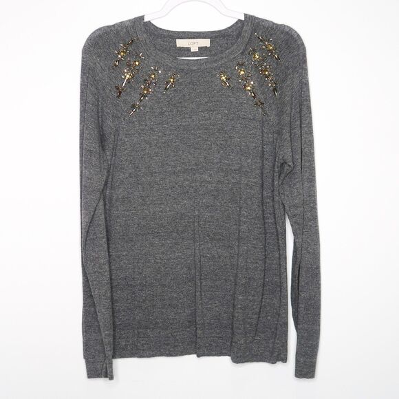 Ann Taylor LOFT Womens Embellished Sweater Size Large Gray‎ Gold Holiday Office - Picture 1 of 8